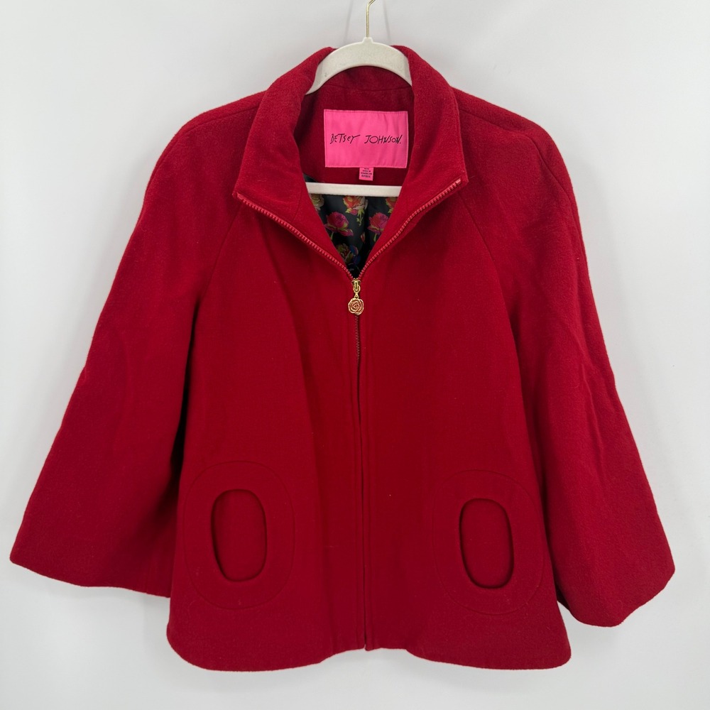 Betsey Johnson Red Wool Blend Swing Coat Floral Lining Rose Zipper Vintage Y2k
